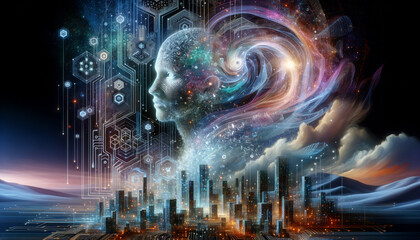 Cybersecurity Guardian: Ethereal figure protects digital realm with holographic patterns. Surreal skyline, digital auroras, and pixelated clouds. - obrazy, fototapety, plakaty