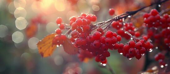 Fototapeta premium Red Viburnum Berries Glistening with Raindrops in an Enchanting Autumn Landscape