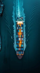 an aerial view of a container ship, balanced composition,vertical