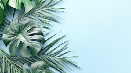 tropical green leaves and palm trees with space for notes, nature flat lay concept