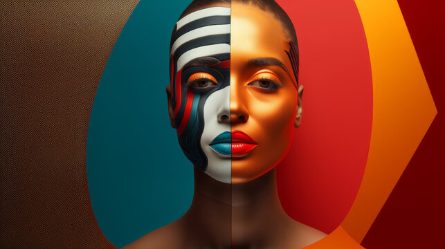 Woman with a Split Face Featuring Vibrant Graphic Paint and Metallic Accents
