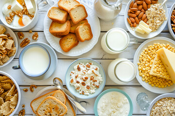 Breakfast with a variety of dairy products, such as cereals with milk National Dairy Month