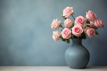 a vase of pink roses on top of a blue table
