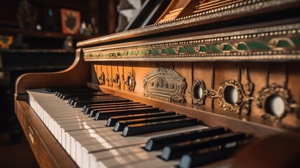 Vintage wooden piano in close-up
