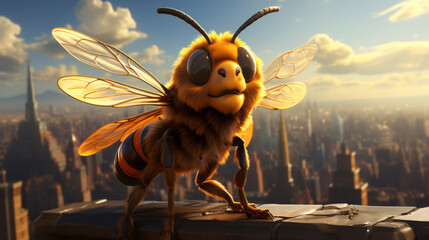 Colorful Cartoon Bee Illustration with Cute Yellow Wings and Antenna Flying in Nature with Flowers - Funny Bug and Wasp Insect Vector Design, generative AI
