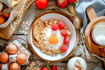 Breakfast with variety of dairy products such as eggs, milk, toast, raspberries, fried eggs, cereal, June, National Dairy Month