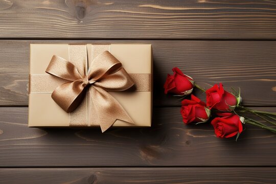 present with a bow on a wooden background