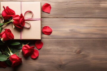 roses and gift wrapped box on the wooden floor toy valentines day