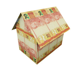 Origami house with money. 20 reais banknotes, Brazilian currency. 3D render.