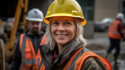 woman working on a construction site, construction hard hat and work vest, smirking, middle aged or older. 