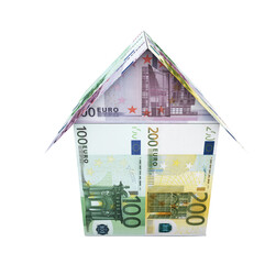 Origami house with money. Euro banknotes. 3D render.