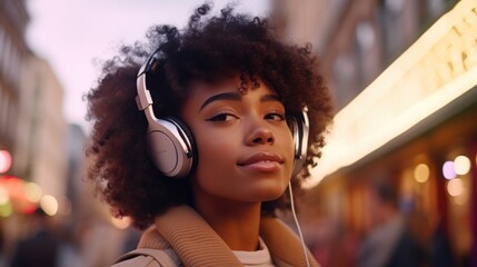Happy young woman listening to music via headphones on the street on a sunny day
