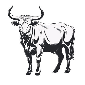a black and white image of a bull