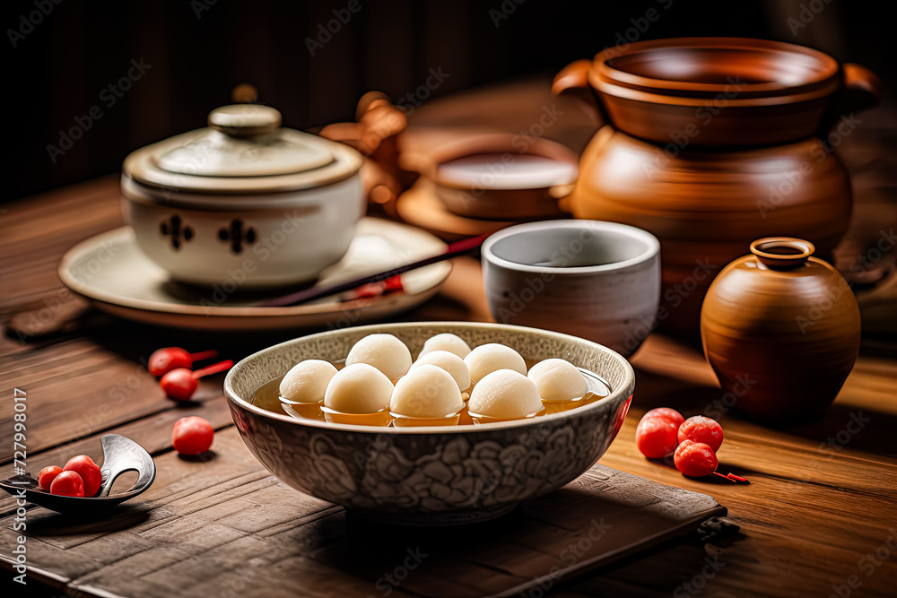 Poster experience the exquisite charm of tang yuan displayed on a rustic wooden table. this image evokes th