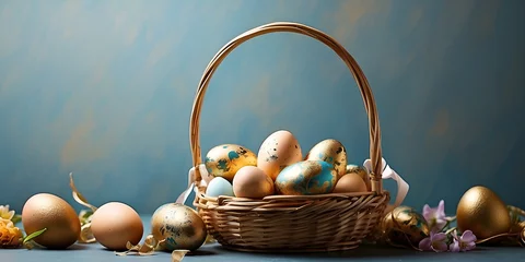 Foto op Canvas Un panier rempli d'oeufs de Pâques en chocolat avec des fleurs sur un fond bleu © infographiste06