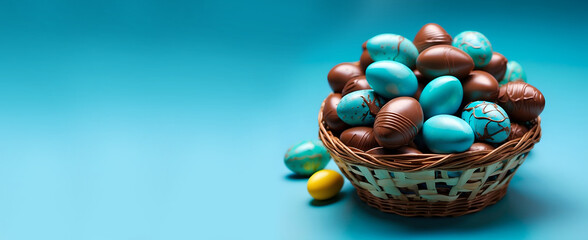 Un panier rempli d'oeufs de Pâques en chocolat sur fond bleu uni