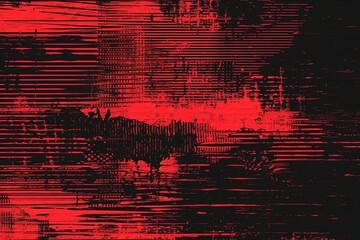 Dynamic Glitch Texture Canvas: Immerse in a canvas of distorted shapes, glitched elements, noise, and screen print texture in black and red - obrazy, fototapety, plakaty