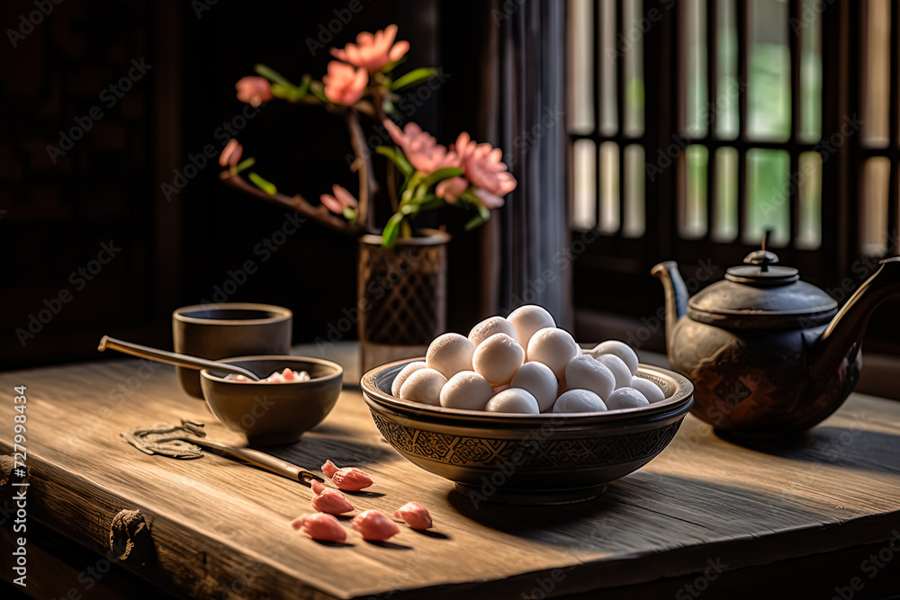 Aufkleber experience the exquisite charm of tang yuan displayed on a rustic wooden table. this image evokes th