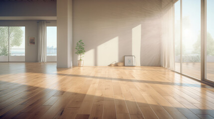 Empty home with Sunlight Streaming Through Floor-to-Ceiling Windows onto Warm Wooden Flooring