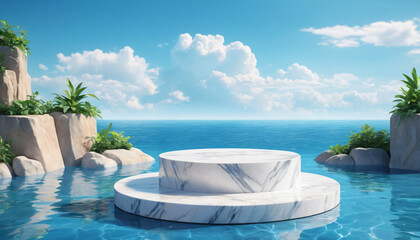 Fototapeta premium Product Presentation, 3D Podium ,Luxury Vacation Display, Infinity Pool Overlooking Ocean, Relaxation, Travel, Nature Beauty