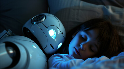 Robot nanny taking care of a sleeping child - obrazy, fototapety, plakaty