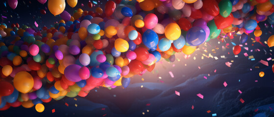 Fototapeta na wymiar Colorful Balloons and Confetti in the Air