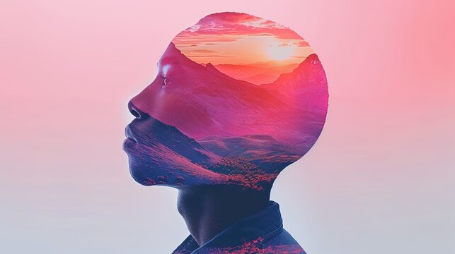 Double exposure combines a woman's face and high mountains at sunset. Panoramic view. The concept of the unity of nature and man. Dream, reminisce or plan a climb. Illustration for design.