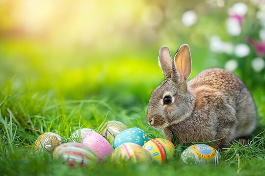 Celebration of Spring with an Easter Bunny and Colorful Eggs