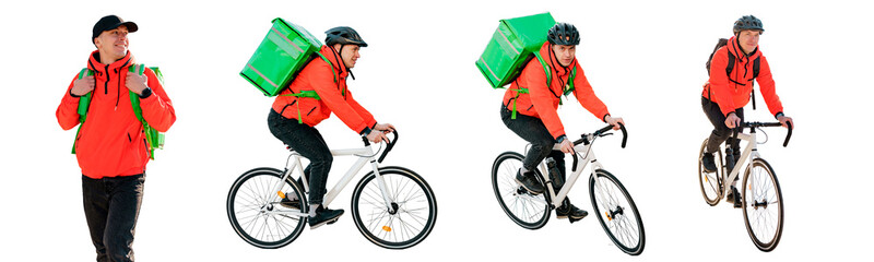 Man in vibrant orange jacket and helmet performing various tasks: walking, cycling with a green delivery backpack, showcasing fast urban delivery service. 