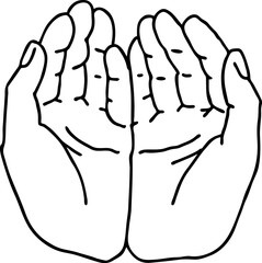 Open hands to care about important things. Background to show, offer and hold product. Magic palmistry prediction by two palms. Hand drawn retro vintage vector illustration. Old style line drawing.