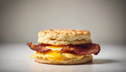 Delicious-looking breakfast sandwich with crispy bacon, melted cheese, and a fluffy biscuit. 