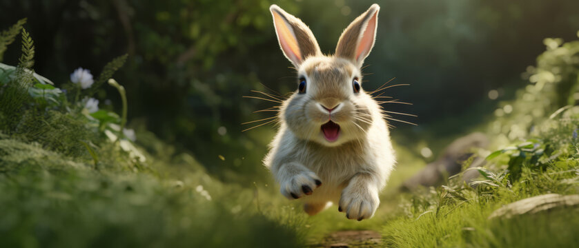Bunny in Mid-Leap Through a Sunlit Forest Clearing