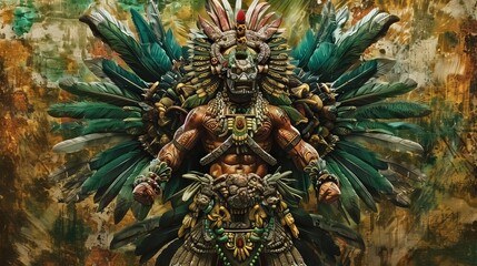 Obraz premium An Aztec deity is depicted in a stylized portrait, showcasing intricate geometric patterns and vibrant details