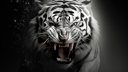 Close-up of the head of an aggressive tiger ready to attack. Wild animal in monochrome style. Scalp of a snarling animal. Illustration for cover, card, interior design, poster, brochure, presentation.