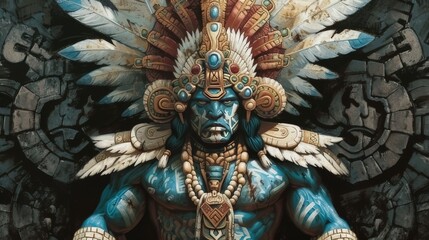 A vibrant depiction of an Aztec god is presented in a stylized portrait, featuring elaborate geometric patterns and captivating colors
