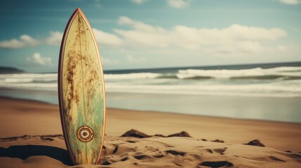 Surfboard on the beach. Vintage style. Selective focus. Surfboards on the beach. Vacation and Travel Concept with Copy Space. - obrazy, fototapety, plakaty