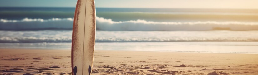 Surfboard on the beach at sunset. Panoramic banner. Surfboards on the beach. Vacation and Travel Concept with Copy Space. - obrazy, fototapety, plakaty