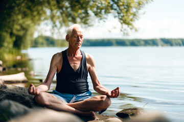 Fototapeta na wymiar senior man in sportswear meditating in front of a lake