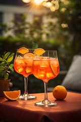 Two glasses of Aperol pritz cocktail on a terrace