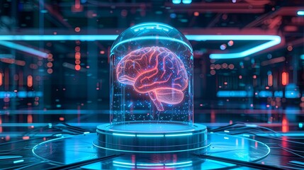 Luminous transparent 3D model of the brain in a special glass jar. Concept for researching brain activity, brightness of thought, neurobiology, artificial intelligence education. Neon art.