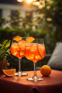 Two glasses of Aperol pritz cocktail on a terrace