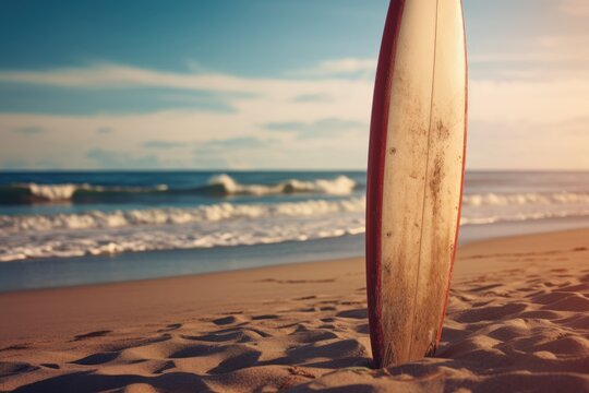 Surfboard on the beach at sunset. Selective focus. Surfboards on the beach. Vacation and Travel Concept with Copy Space.