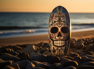 Skull on the beach at sunset. Day of the Dead. Surfboards on the beach. Vacation and Travel Concept with Copy Space.