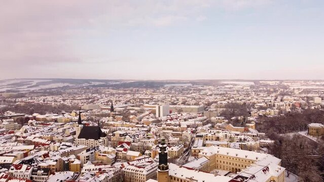 Winter Aerial Panorama of Weimar, Germany - Drone Shot, Top Down - German Church, Castle, Old City 