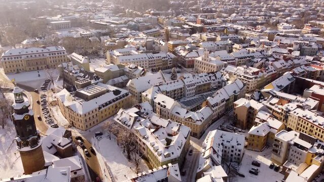 Winter Aerial View of a Historical German Cityscape, Drone Shot of City Weimar