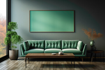 Picture a calming living room with a green sofa and a matching table, harmonizing with an absolutely empty blank frame, inviting your text to make a statement.