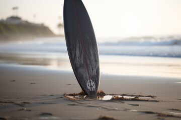 Low angle view of surfboard on sandy beach during sunny day. Surfboards on the beach. Vacation and Travel Concept with Copy Space.