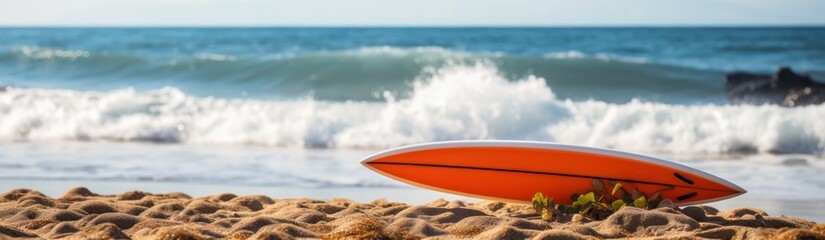 Surfboard on a sandy beach near the sea. Selective focus. Surfboards on the beach. Vacation and...