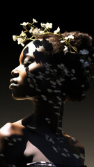 Black Young Woman, flowers in head, concept of skin positivity, vitiligo