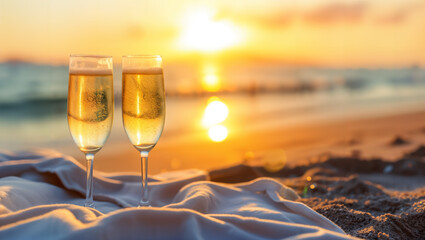 Two glasses of champagne on a cloth at the sandy beach during sunset, with the sun still visible on the horizon, reflecting on the sea